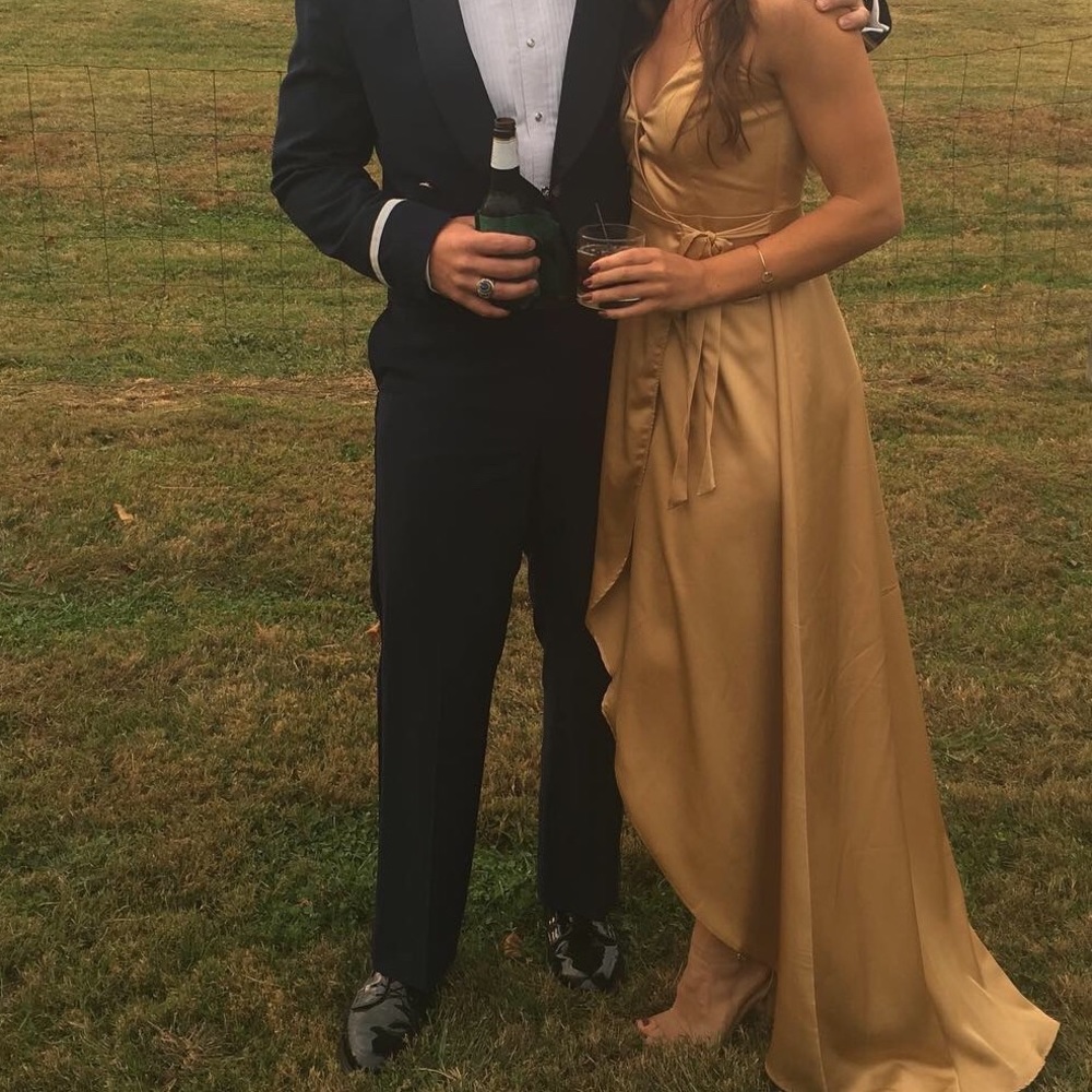 Mariah Wrap Bridesmaid Dress in Gold Luxe Satin